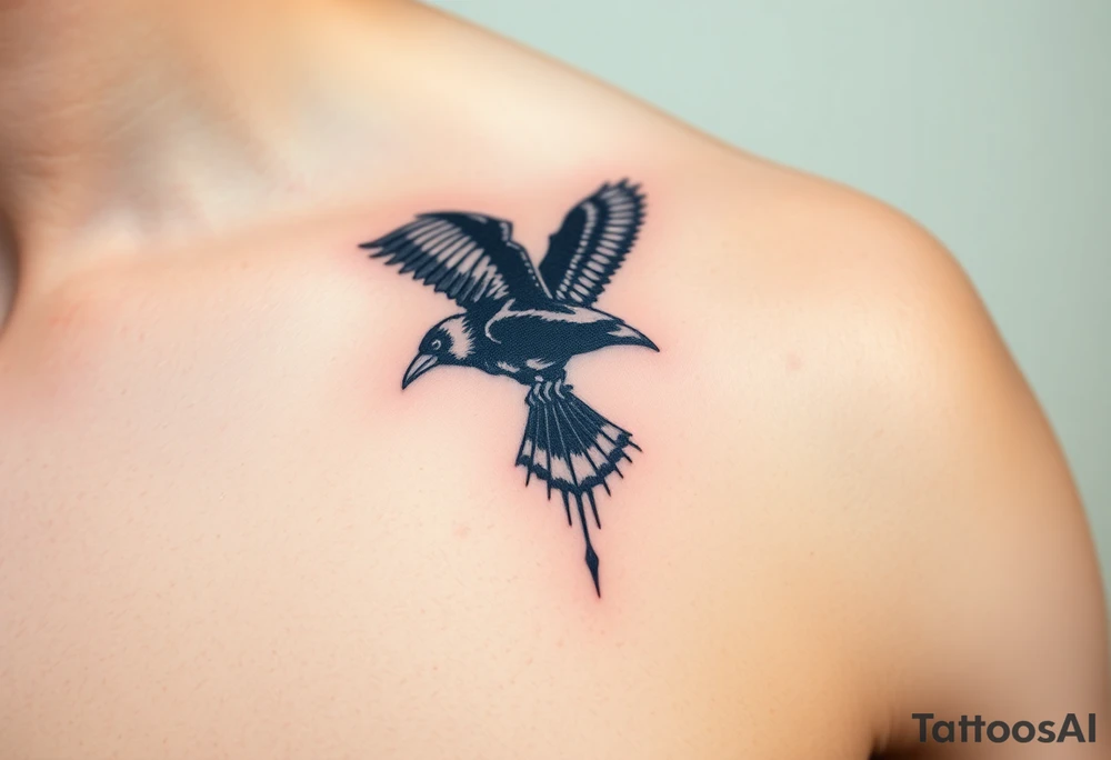 A detailed raven in mid-flight, wings spread wide with intricate feather patterns, symbolizing Tris’s journey, representing sci fi movie Divergent and name TRIS tattoo idea