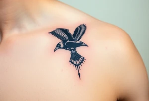 A detailed raven in mid-flight, wings spread wide with intricate feather patterns, symbolizing Tris’s journey, representing sci fi movie Divergent and name TRIS tattoo idea