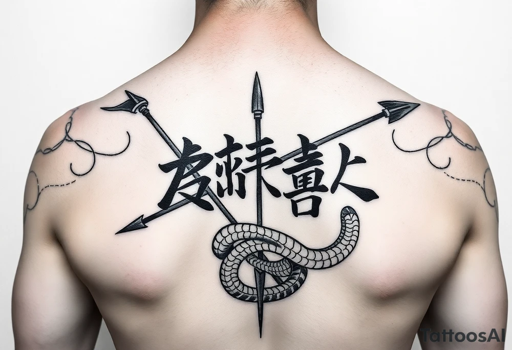 japanese writing with bow and arrow with snake wrapped around on chest tattoo idea