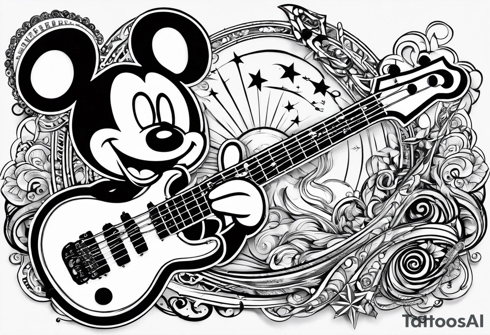 A well balanced tattoo full left arm with the following images: a bass guitar, 2 stars, 1 quarter moon, a caduceus symbol and a mickey mouse tattoo idea
