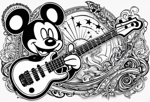 A well balanced tattoo full left arm with the following images: a bass guitar, 2 stars, 1 quarter moon, a caduceus symbol and a mickey mouse tattoo idea