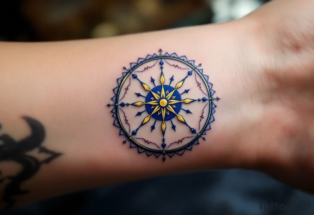 Golden Dharma Wheel with eight spokes in deep gold and royal blue, symbolizing the Noble Eightfold Path. tattoo idea