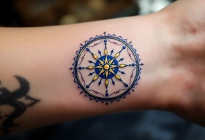 Golden Dharma Wheel with eight spokes in deep gold and royal blue, symbolizing the Noble Eightfold Path. tattoo idea