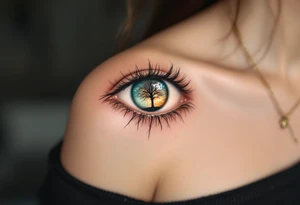 A hyper-realistic eye tattoo with a tiny tree reflection, detailed in deep green, honey brown, and icy blue hues, creating a surreal effect. tattoo idea