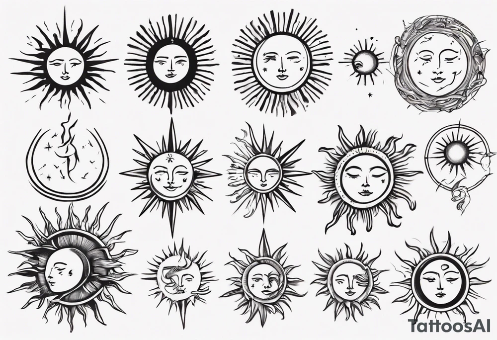 Linework of Sun with rays tattoo idea