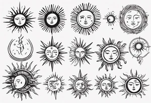 Linework of Sun with rays tattoo idea