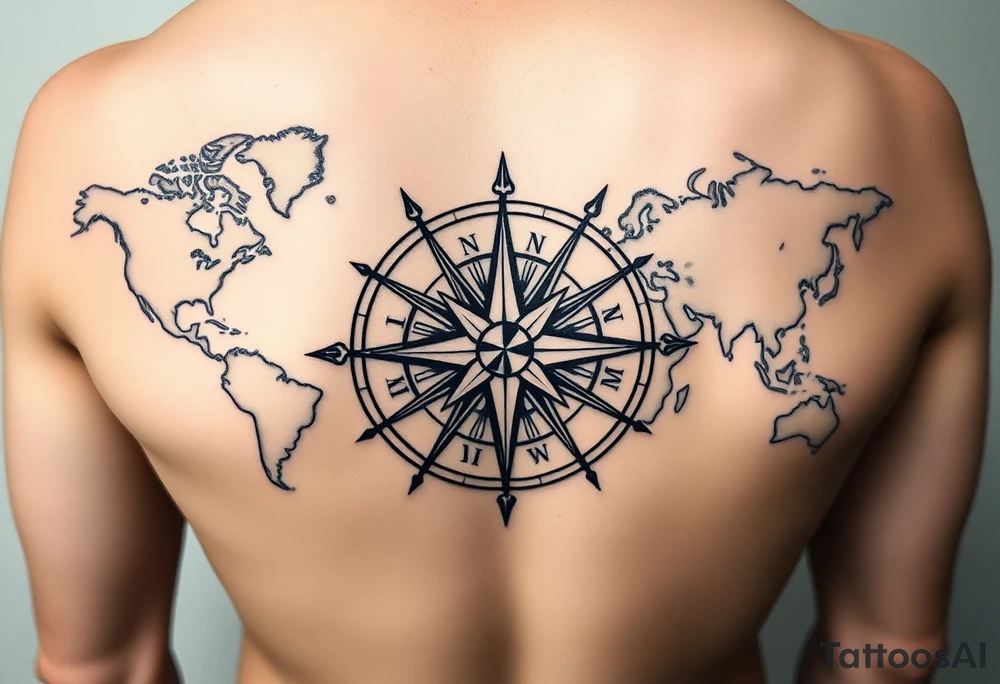 antique compass rose overlaid on weathered world map with sailing ships tattoo idea