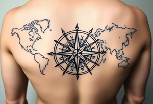 antique compass rose overlaid on weathered world map with sailing ships tattoo idea