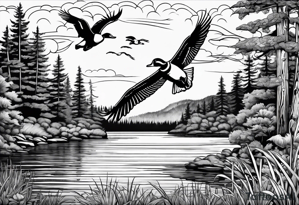 Wooded area with lake, mallards flying, and a model t tattoo idea