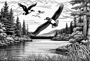 Wooded area with lake, mallards flying, and a model t tattoo idea