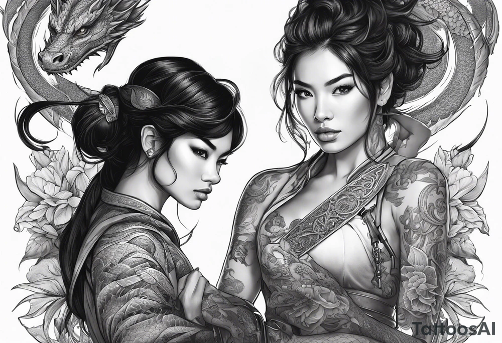 Women holding a sword powerful Beauty black hair flawlessly a dragon behind her fiercely protection tattoo idea