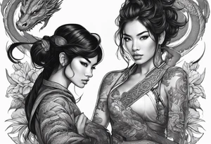 Women holding a sword powerful Beauty black hair flawlessly a dragon behind her fiercely protection tattoo idea