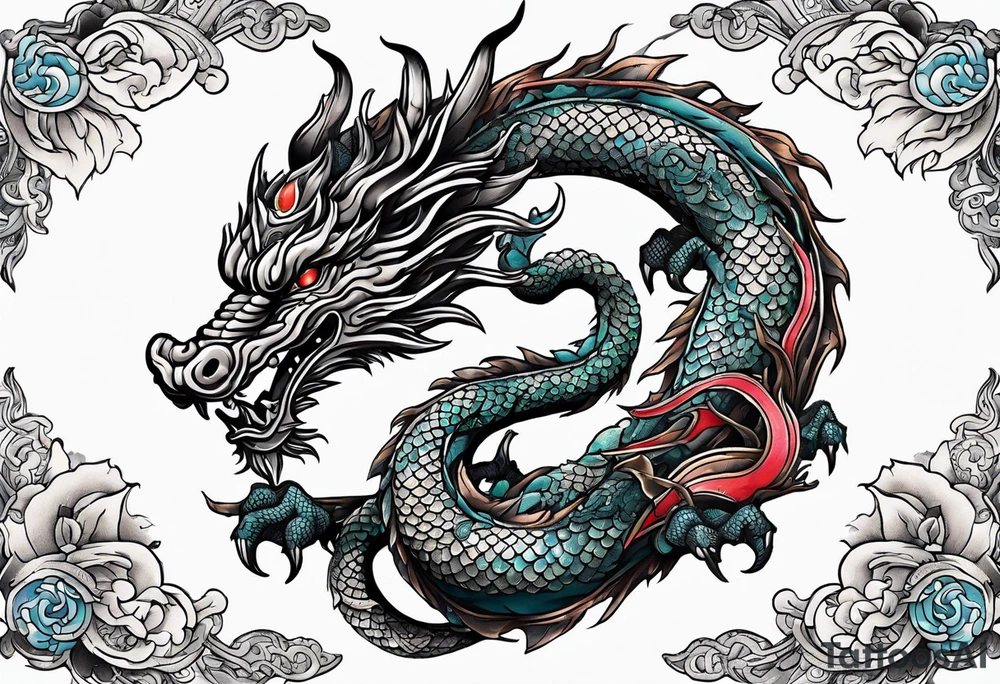 Create a detailed tattoo of Asian dragon wrapping around an anchor centered on taeguk. tattoo idea