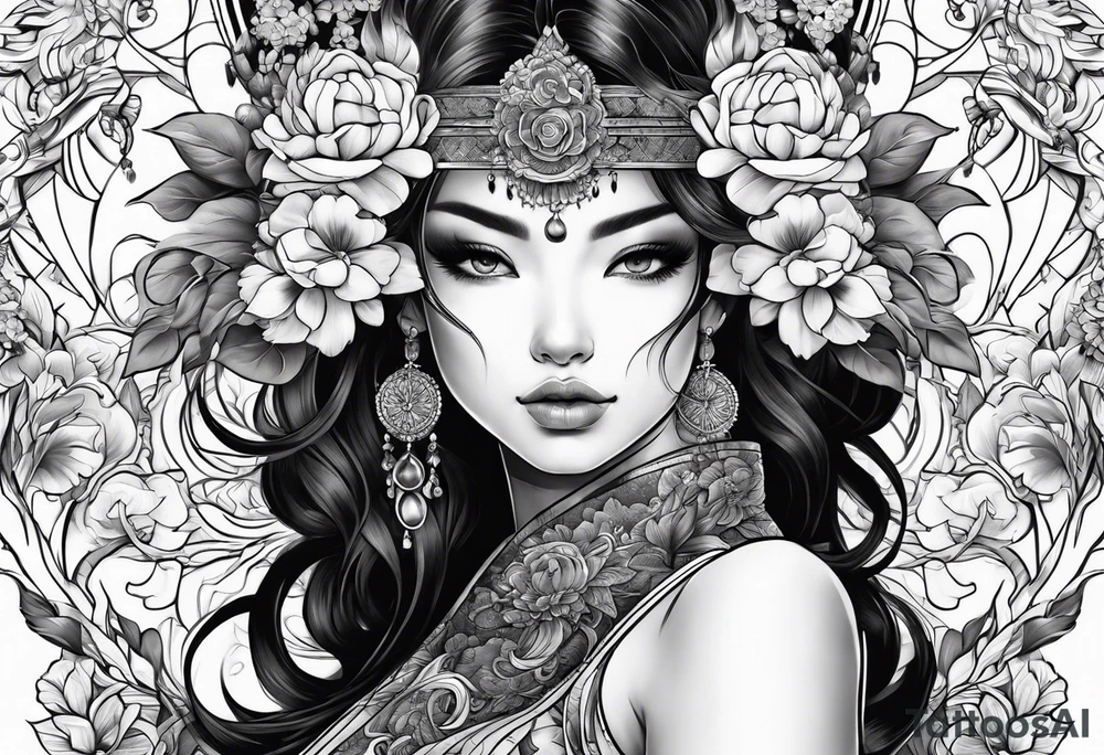 ornate beautiful woman warrior floral  tattoo tattoo idea