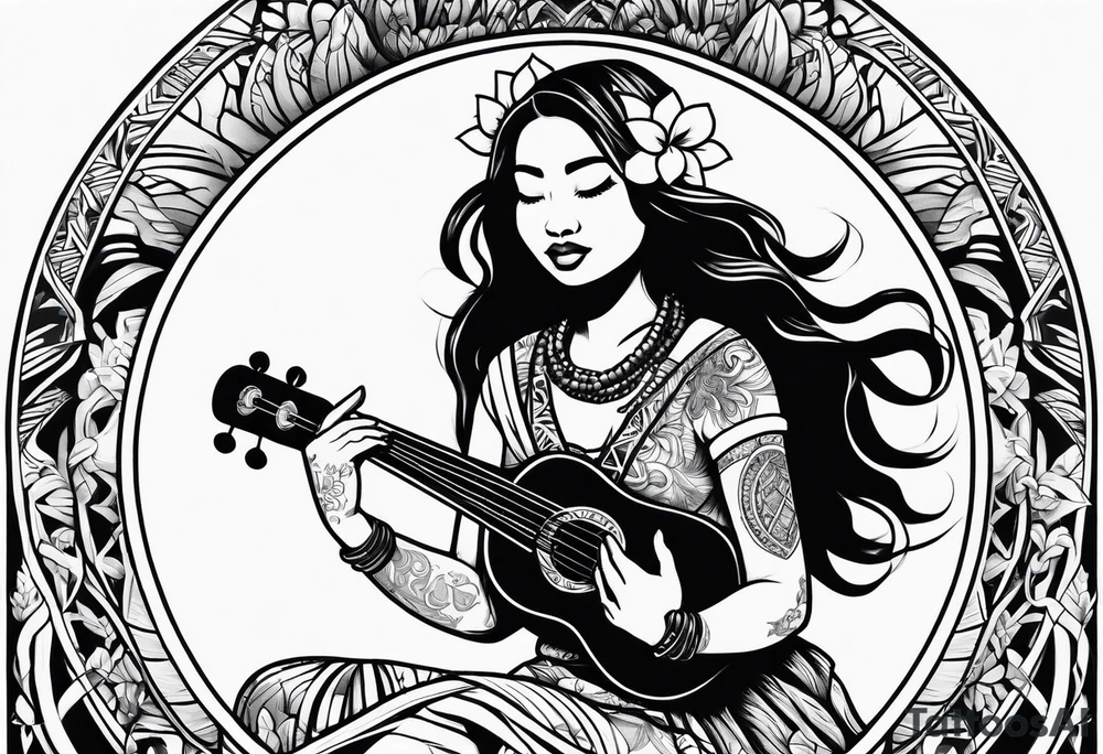 hula plynesian girl squating and dance with ukulele tattoo idea