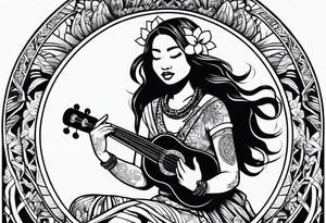 hula plynesian girl squating and dance with ukulele tattoo idea
