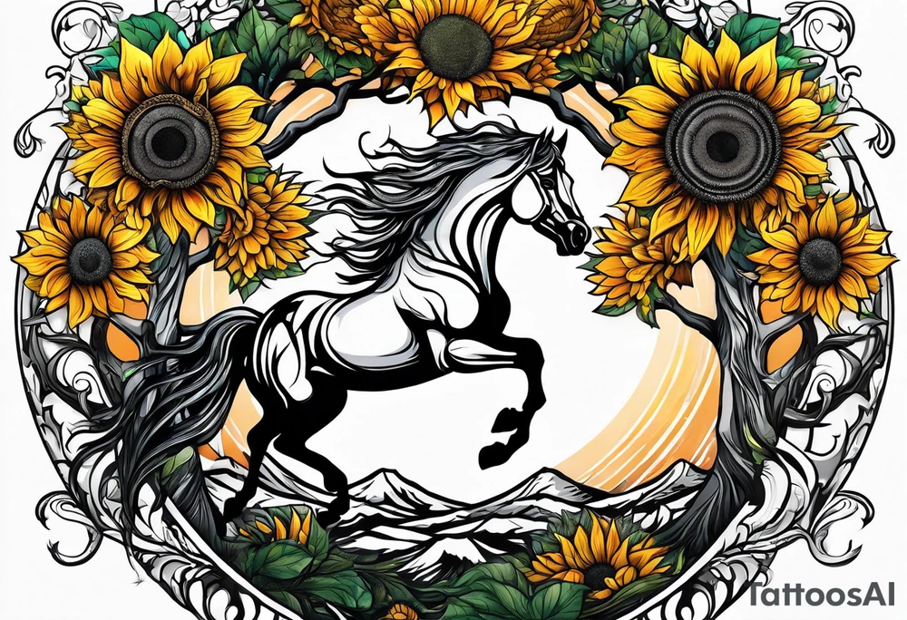 Yggdrasil tree, horse, sunflower tattoo idea