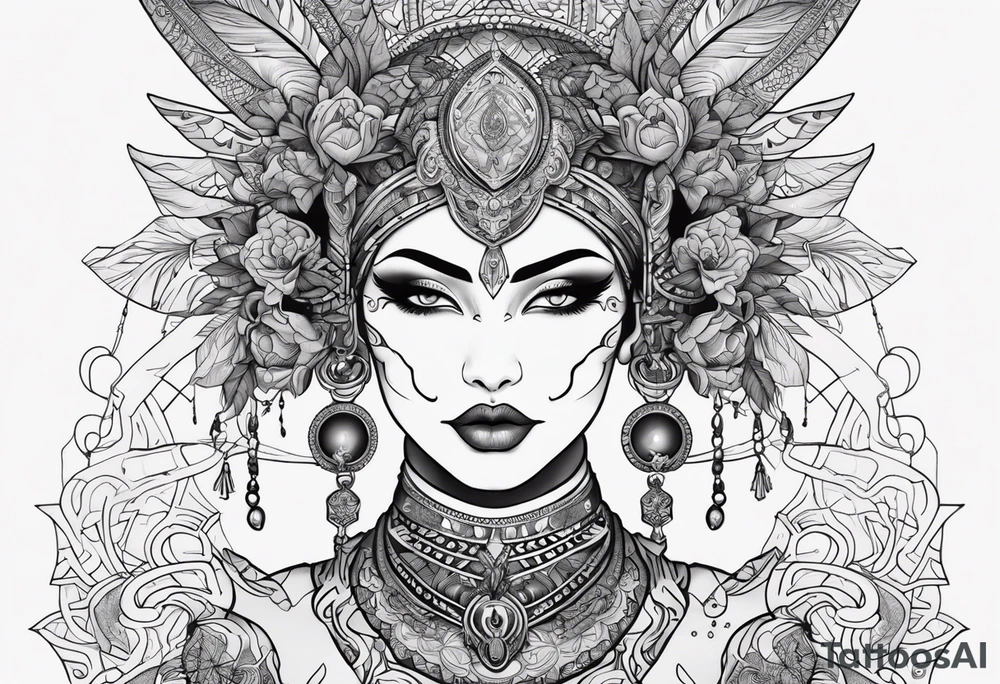 kali ma, alien goddess, valkrye, aries, pirate, divine feminine, zenza resonance, pachamama, lotus azul, blank panther, eagle, skull, 5D, nueva gaya, dna 12, left side chest tatoo tattoo idea