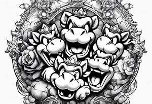 Bowser from Mario holding the severed heads of Mario and Luigi with princess peach standing by bowsers side tattoo idea