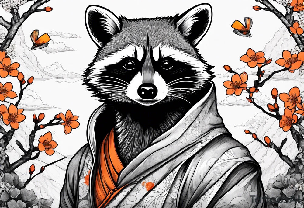 raccoon wearing a Superman hoodie with orange Japanese cherry blossoms tattoo idea