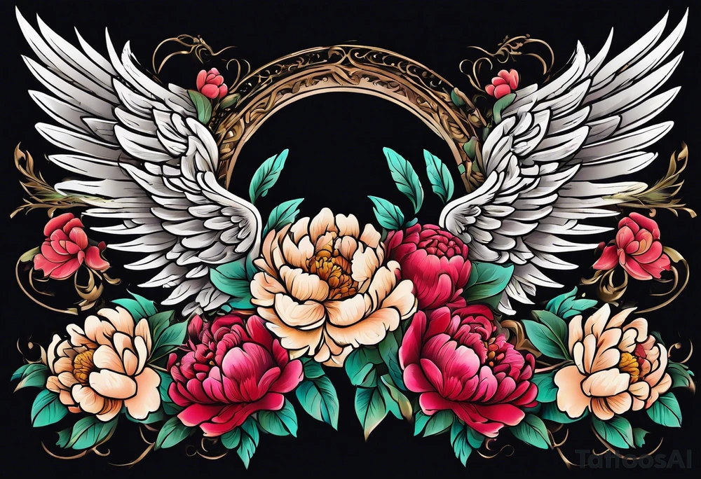 beautiful angel wings with colorful, peonies. beautiful flilligree in the background , full color, traditional old school tattoo idea