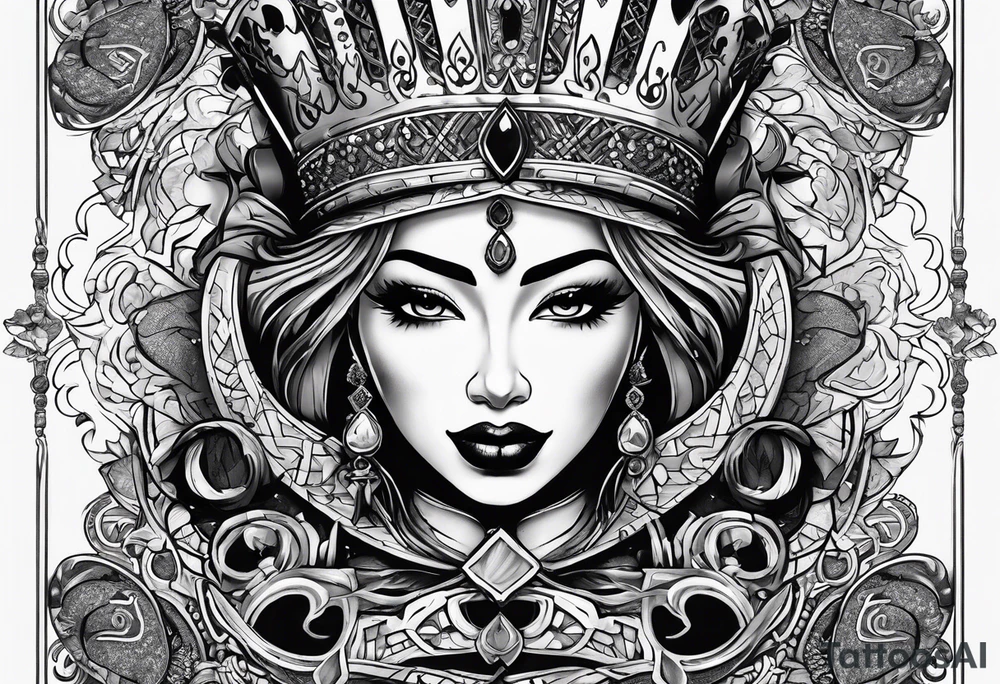 Latina Queen ahegao, drooling, happy, Spade Symbol with letter Q in the center of the spade framed, surrounded by whitespace hentai tattoo idea