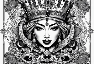 Latina Queen ahegao, drooling, happy, Spade Symbol with letter Q in the center of the spade framed, surrounded by whitespace hentai tattoo idea