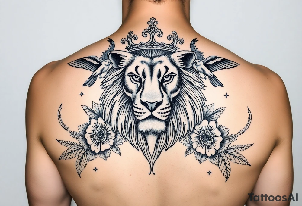 powerful majestic lion with a crown, surrounded by floral ornaments and birds tattoo idea