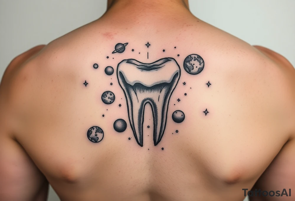 A molar tooth floating among planets and constellations, cosmic dreamy vibe with pastel watercolor style.” tattoo idea