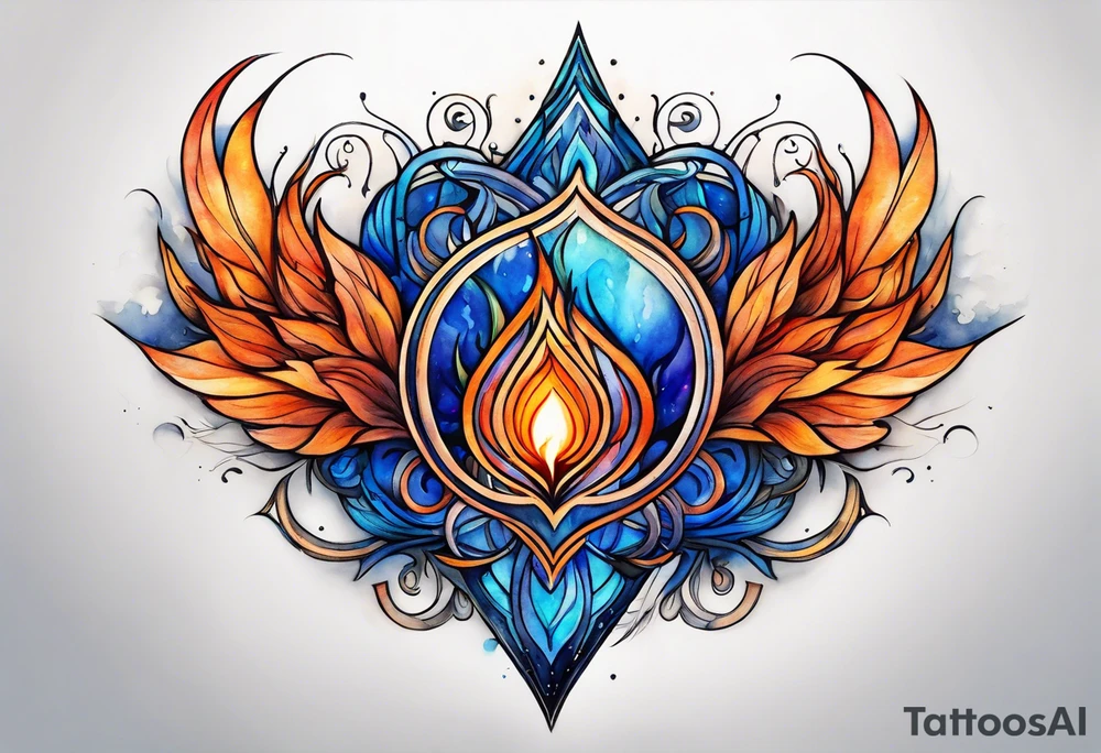Twin flame symbol with blue and orange fire. Intricate lining and watercolor paint for the fire tattoo idea