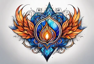Twin flame symbol with blue and orange fire. Intricate lining and watercolor paint for the fire tattoo idea