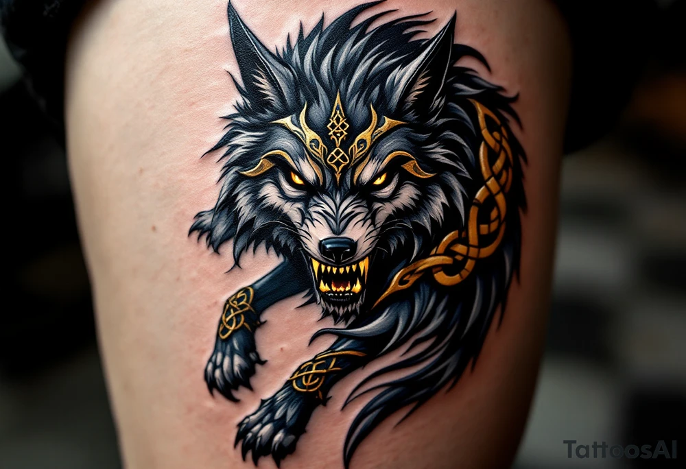 Celtic Wolf in Battle Stance – A snarling wolf with deep gray fur and bronze knot armor details entwined around its limbs and shoulders. tattoo idea