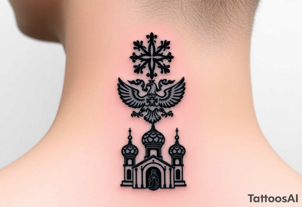 Stacked Vertical Column 

Russian star — small, bold
Middle: Miniature double-headed eagle — simplified, cleaner lines to suit the smaller space
Bottom: Orthodox church dome(s) with a small Virgin Mary silhouette beneath tattoo idea