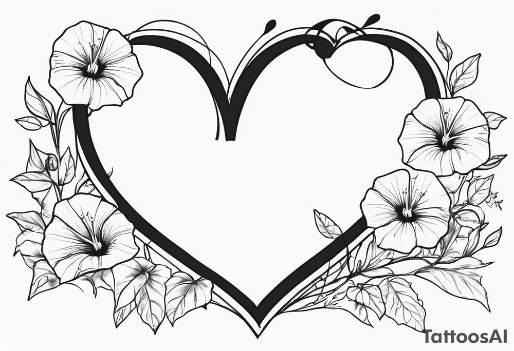 Heart with morning glory flowers as the border with the name Cameron and the time 8:34am tattoo idea