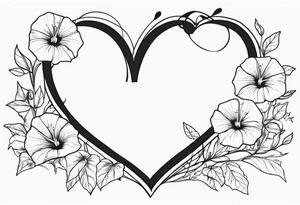 Heart with morning glory flowers as the border with the name Cameron and the time 8:34am tattoo idea