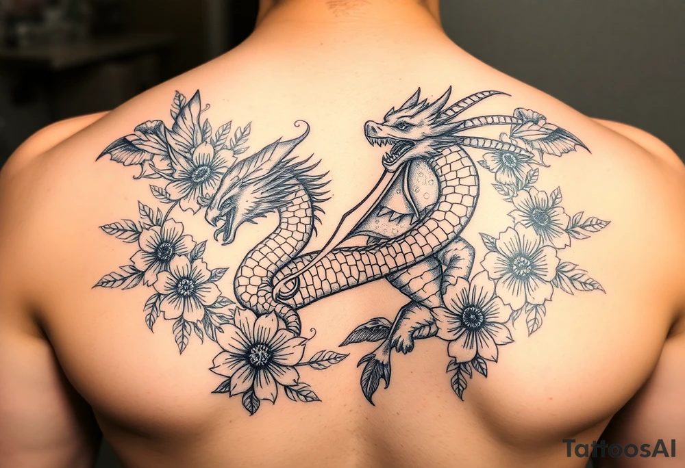 powerful majestic dragon, surrounded by floral ornaments and birds on forearm tattoo idea