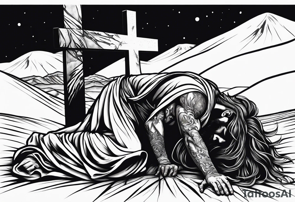 man crawling in a desert reaching to the cross of Christ tattoo idea
