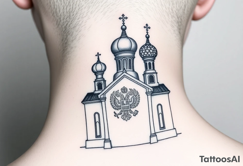 medium sized Russian orthodox church with bulb domes with a prominent russian orthodox coat of arms & virgin mary tattoo idea