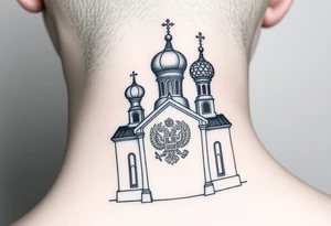 medium sized Russian orthodox church with bulb domes with a prominent russian orthodox coat of arms & virgin mary tattoo idea