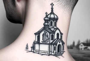 rusian orthodox domes church with a virgin mary in a russian rural village with Church Slavonic script or Cyrillic text — a prayer or meaningful phrase running along the sides tattoo idea