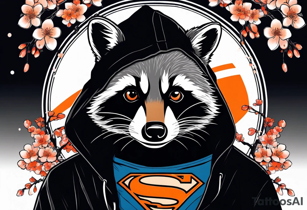 Raccoon wearing a white Superman logo on a black hoodie and orange Japanese cherry blossoms tattoo idea