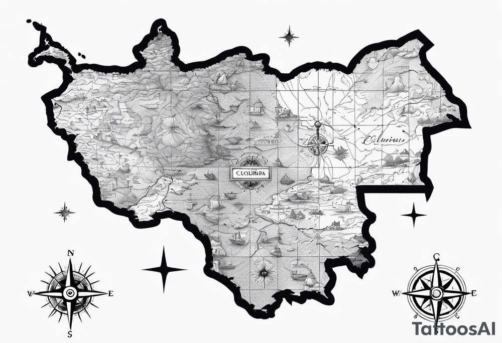 Colombia map with compass tattoo idea