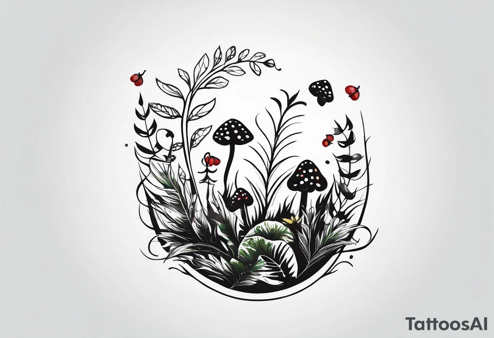 forest floor inspired minimalist tattoo, which includes grass, curly ferns and dead leaves as the bulk of the tattoo. details to include: three very tiny strawberries, a tiny bumblebee flying nearby, three small brown mushrooms
Generate a vertically long one tattoo idea