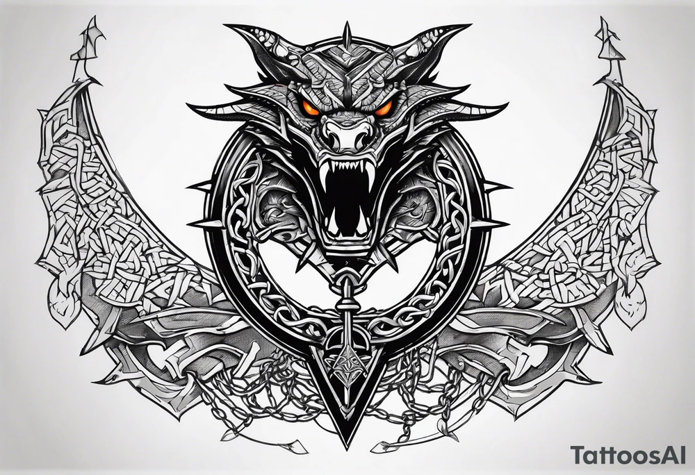 Valhalla sword shield dragon axe Valknut barbed wire chains tattoo idea Valhalla sword shield dragon axe Valknut barbed wire chains tattoo idea