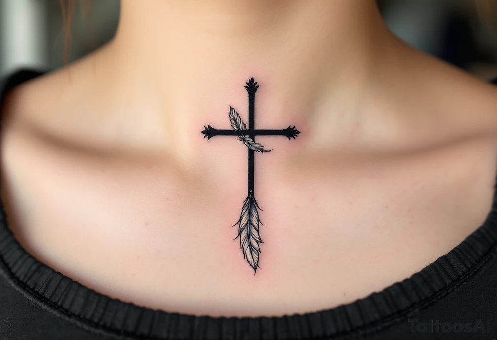 Cross with Feather Details – A thin black cross with feather accents in soft gray and white, symbolizing freedom, spirituality, and lightness of being. tattoo idea