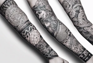 Patchwork arm sleeves of greek gods and that a geometric aesthetic tattoo idea