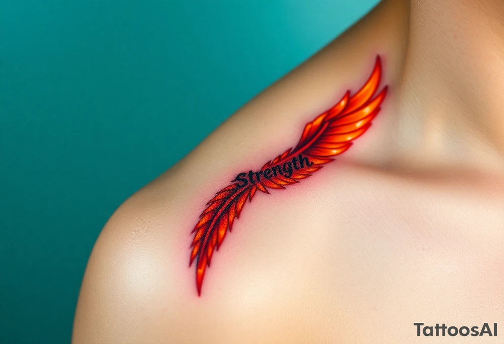 A golden phoenix feather with a fiery red glow, featuring the word "Strength", symbolizing resilience and passion in love tattoo idea