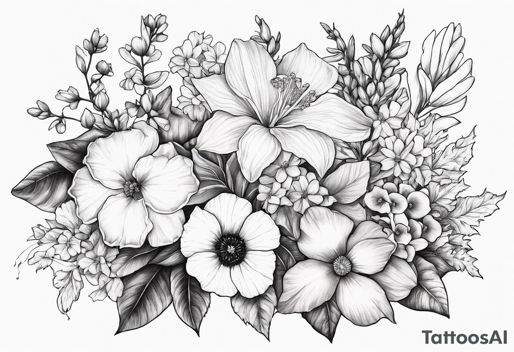 Floral Bouquet with blue hydrangea,Gladiolus, Poppy,Daisy,Sweet Pea,Narcissus, Poinsettia, and Holly tattoo idea