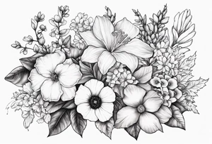 Floral Bouquet with blue hydrangea,Gladiolus, Poppy,Daisy,Sweet Pea,Narcissus, Poinsettia, and Holly tattoo idea