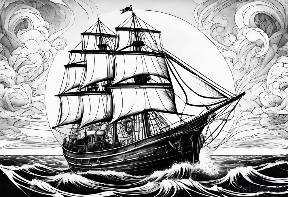 ghost marine lighthouse behind the bow of a sailboat. tattoo idea